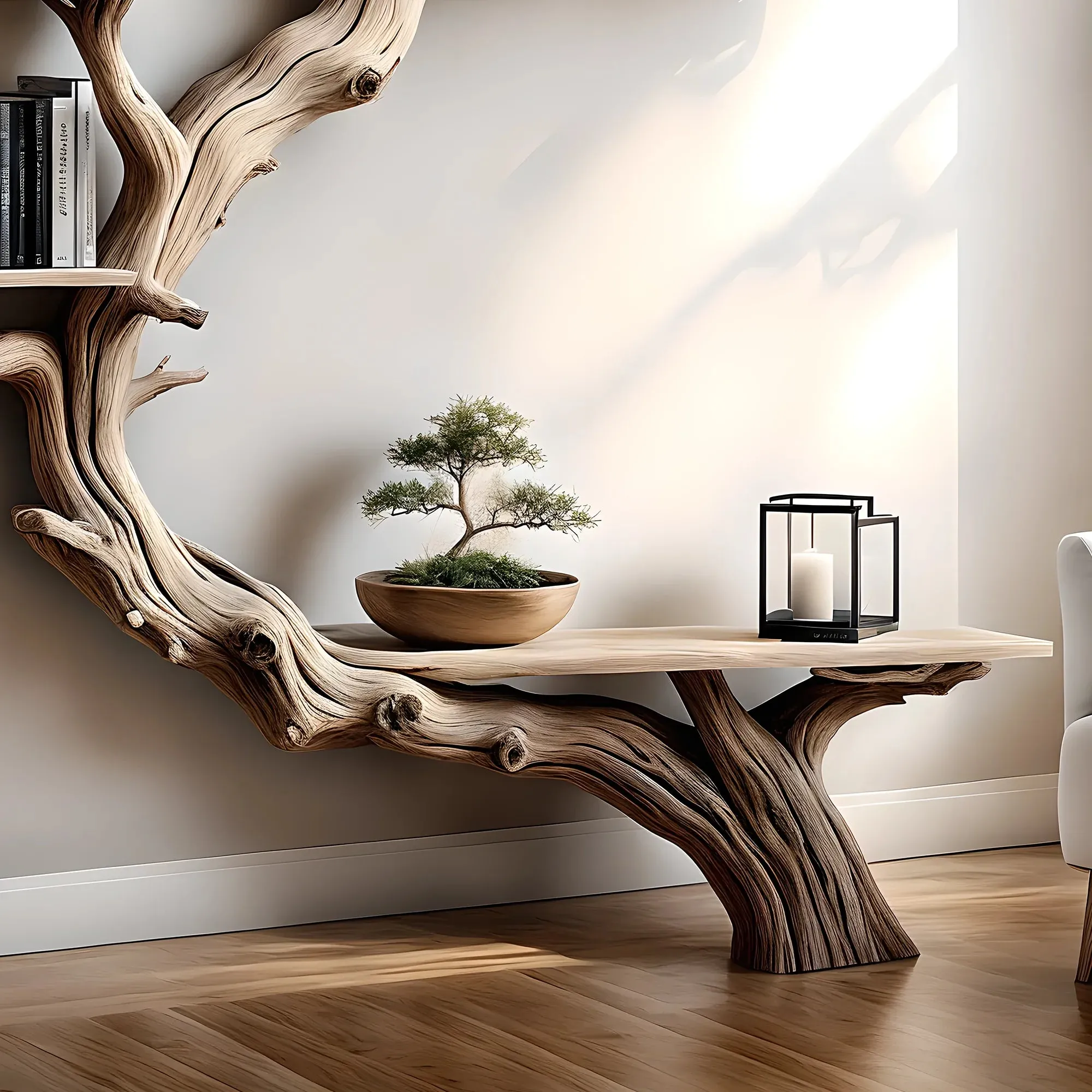Tree Branch Floating Bookshelf, Wall-Mounted, Handmade