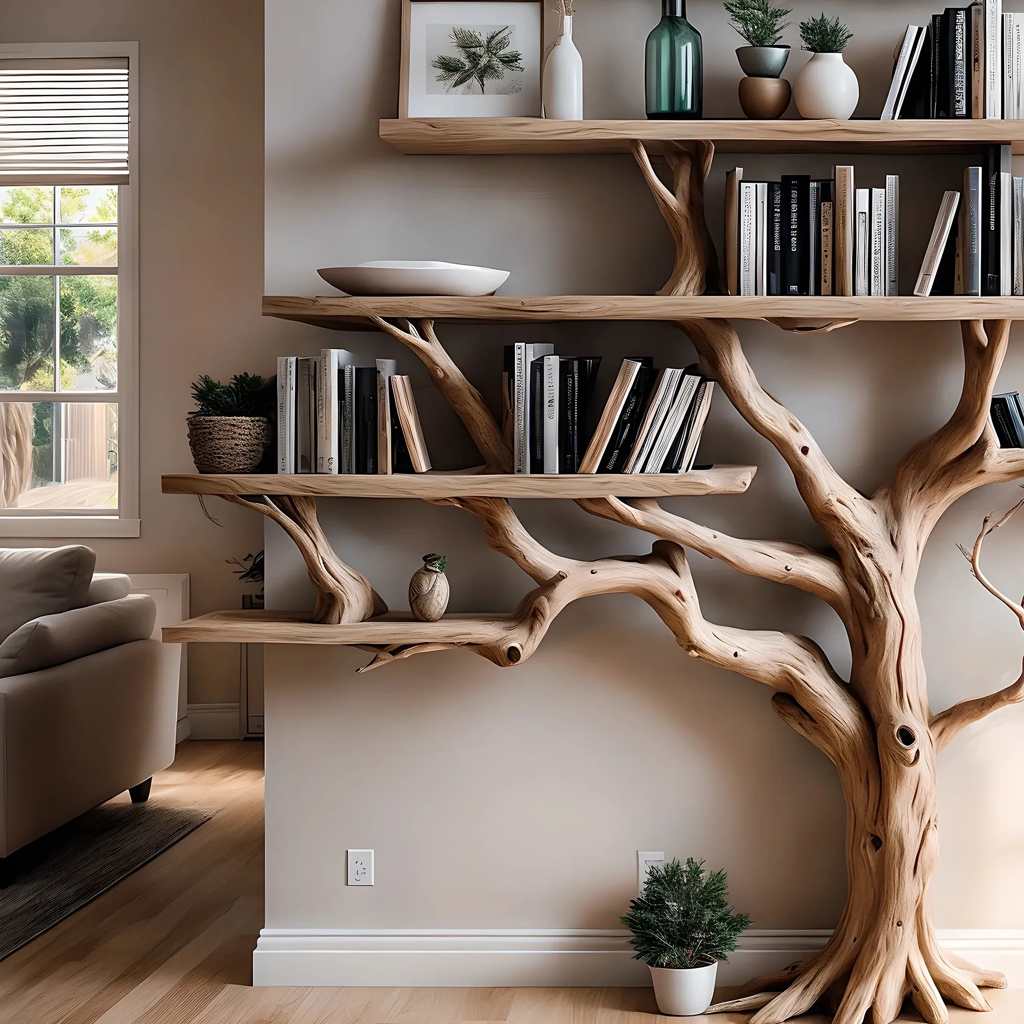 Tree Branch Floating Bookshelf, Unique Wall-Mounted Bookcase