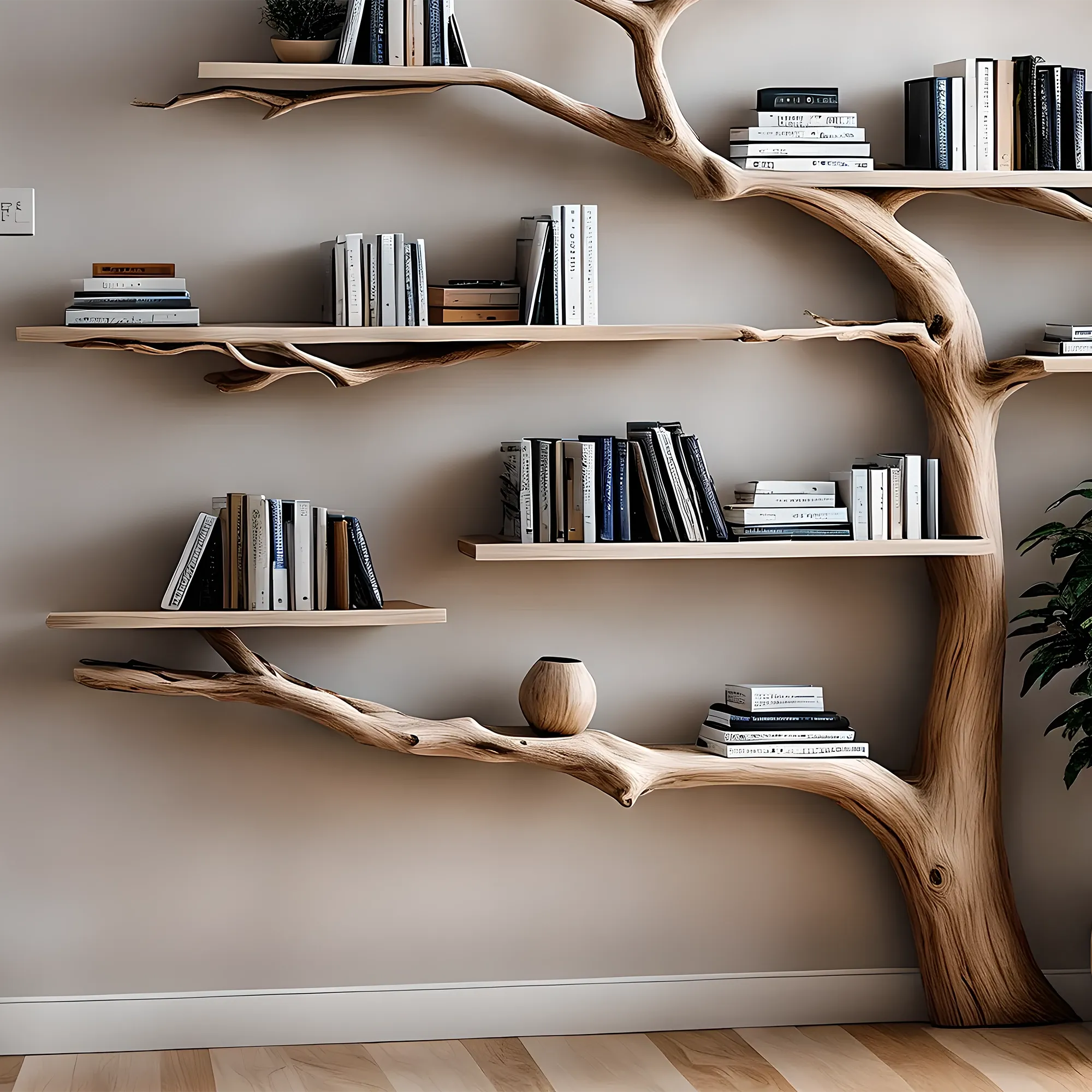 Tree-Shaped Solid Wood Wall Shelf, Handmade